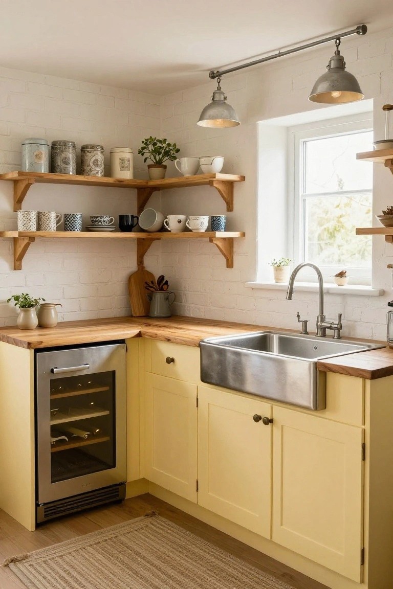 A kitchen with pale yellow cabinets, open wooden shelves displaying mugs and bowls on a white brick wall, a stainless steel farmhouse sink, and a wine refrigerator under the counter.