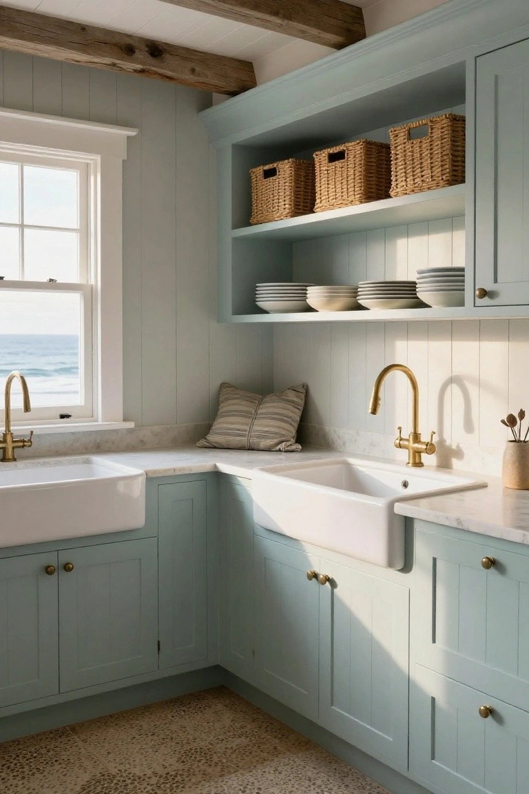 A kitchen corner with light blue cabinets, two white farmhouse sinks with brass faucets, open shelves holding woven baskets and stacks of white plates, and a window overlooking the sea.
