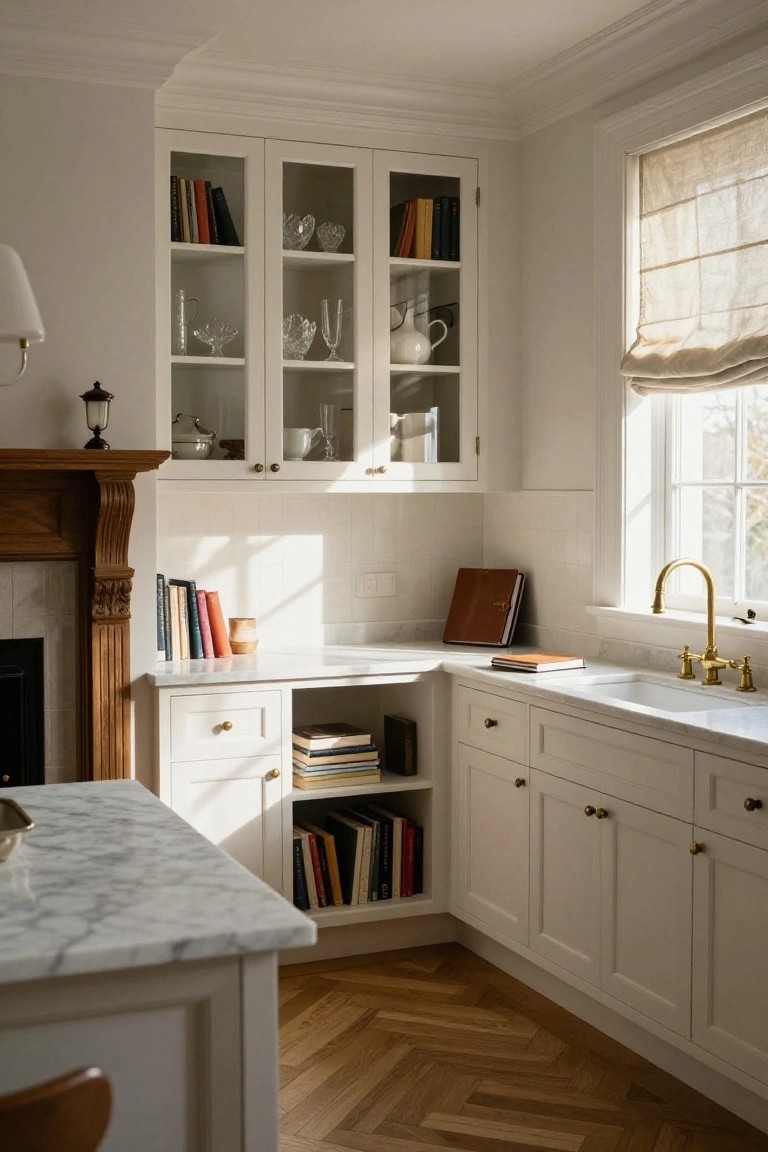 White kitchen with glass upper cabinets, open lower shelving filled with books, marble countertops, and a brass faucet under a window.