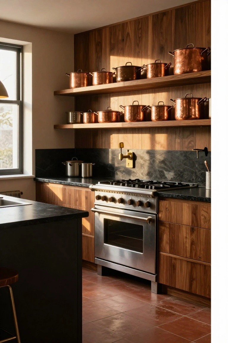 A kitchen interior with wooden open shelves displaying copper pots above a stainless steel range and black countertops.