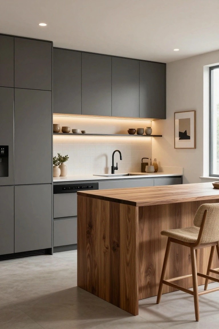 A modern kitchen with dark gray cabinets, white countertops, open shelving with underlighting, and a large wooden island with one bar stool.