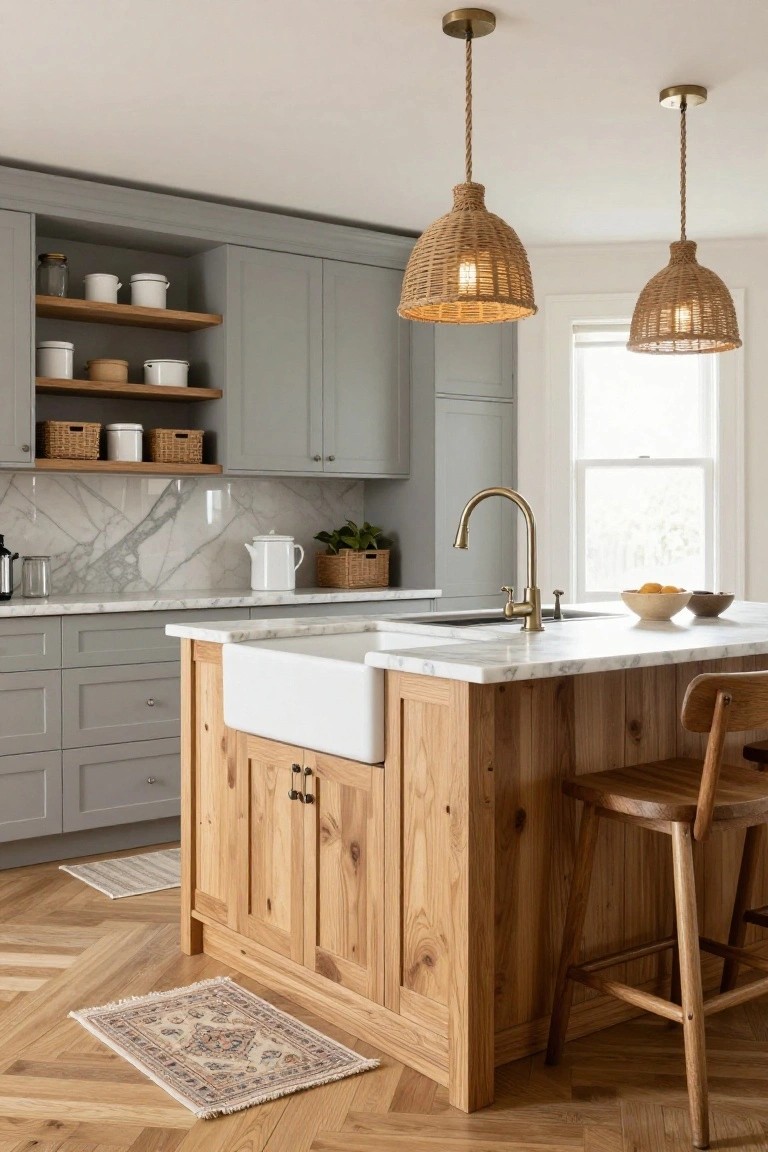 A kitchen with gray cabinets, open wooden shelves, a wooden island with a white farmhouse sink and marble top, plus two woven pendant lights.