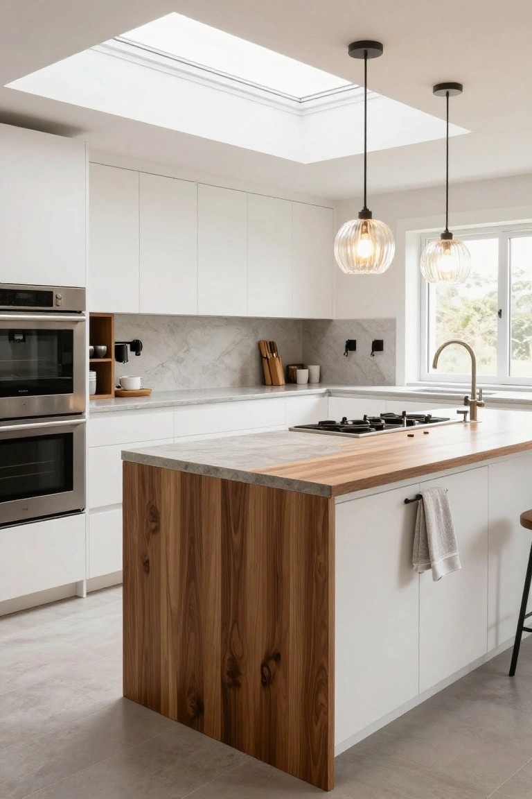 A bright kitchen with white cabinets, a large central island clad in wood with a mixed stone and wood countertop, two glass pendant lights, and a skylight overhead.