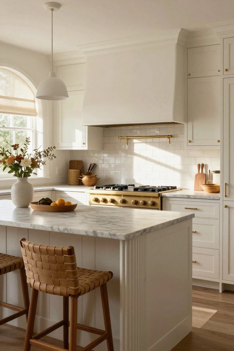 Sunlit white kitchen with marble island, woven leather stools, and gold stove