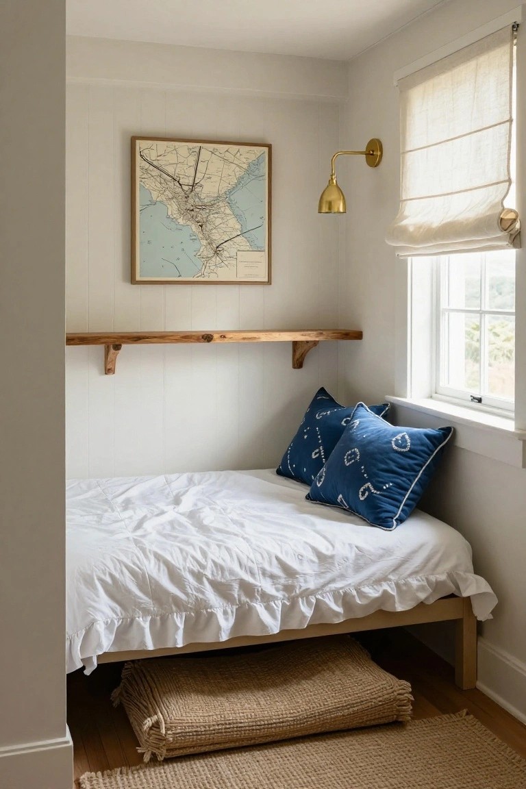 A small bedroom with a white bed against the wall, two blue pillows, a wooden shelf with brackets above the bed, and a framed map hanging on the wall.
