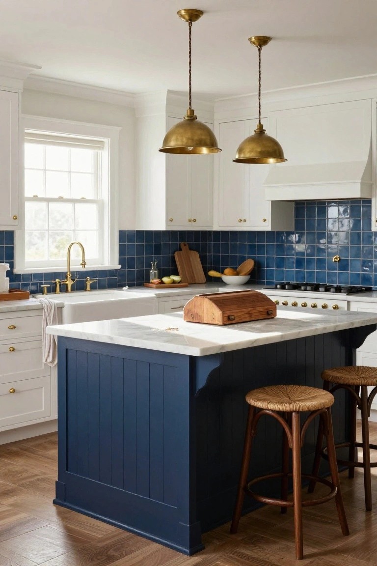 A kitchen interior featuring a navy blue island with white marble countertop, white cabinets, blue tile backsplash, brass fixtures, and two woven bar stools.