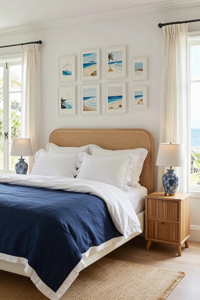 Coastal bedroom with rattan headboard, blue bedding, white pillows, and beach paintings.