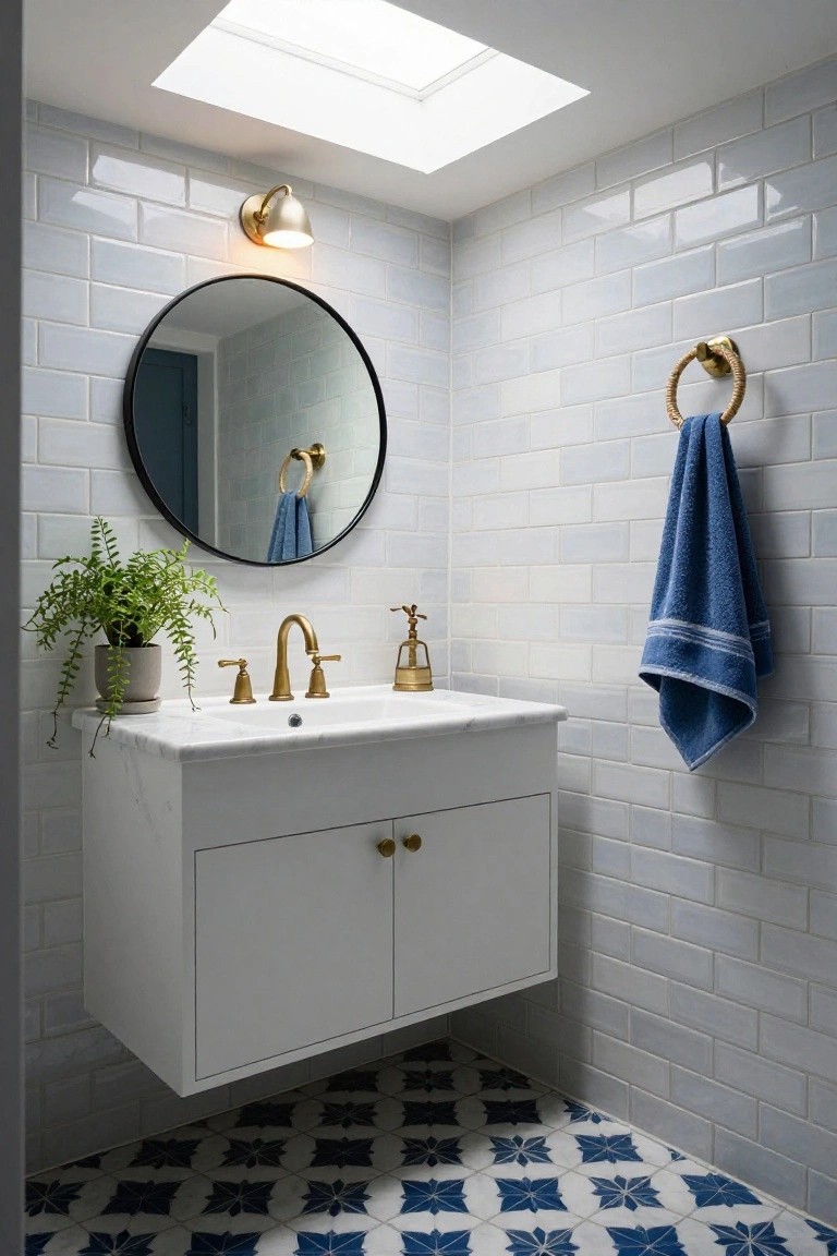 A bathroom interior with light blue subway tiles on the walls, a white floating vanity with brass fixtures, a round mirror, and a blue and white patterned tile floor.
