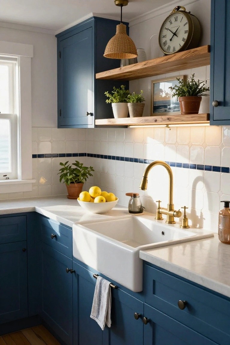A kitchen corner with blue cabinets, white tile backsplash, white farmhouse sink, and brass faucet.