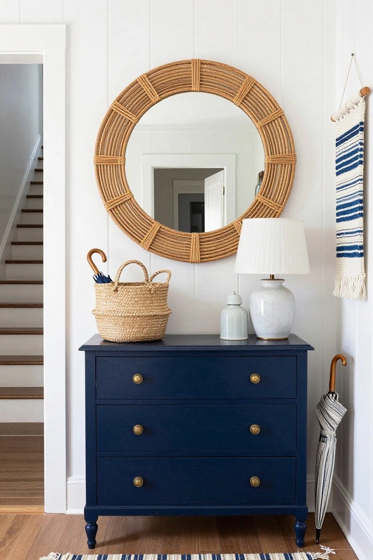A navy blue dresser with gold knobs sits below a round rattan mirror in a white entryway.