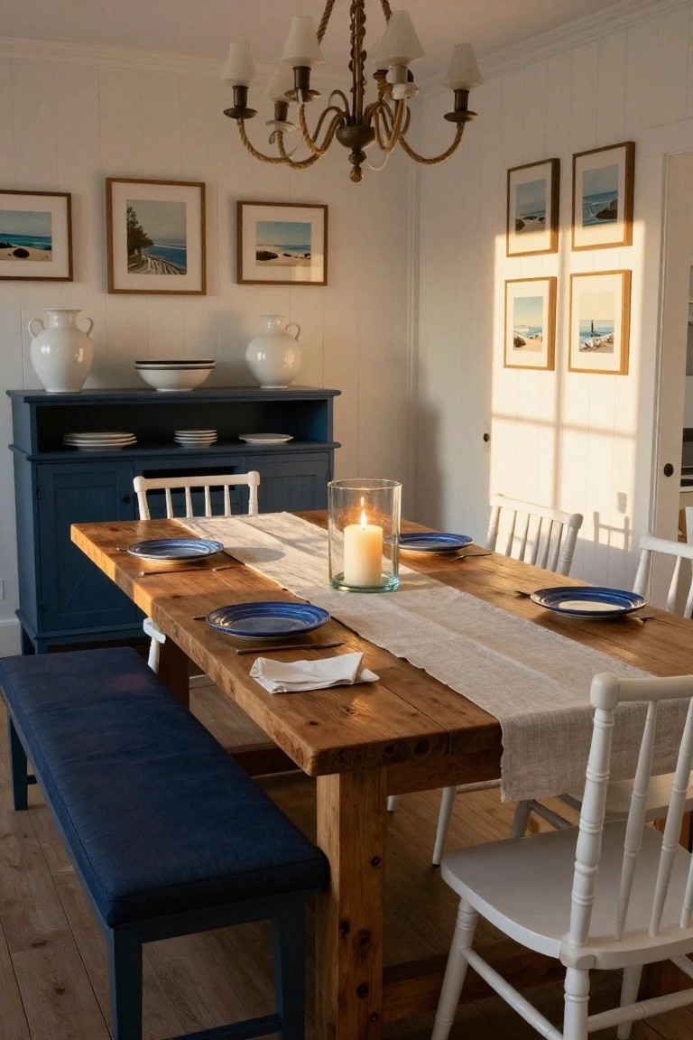 A coastal dining room featuring a long wooden table with blue plates, a blue cabinet along the wall, a blue upholstered bench, and white spindle-back chairs.