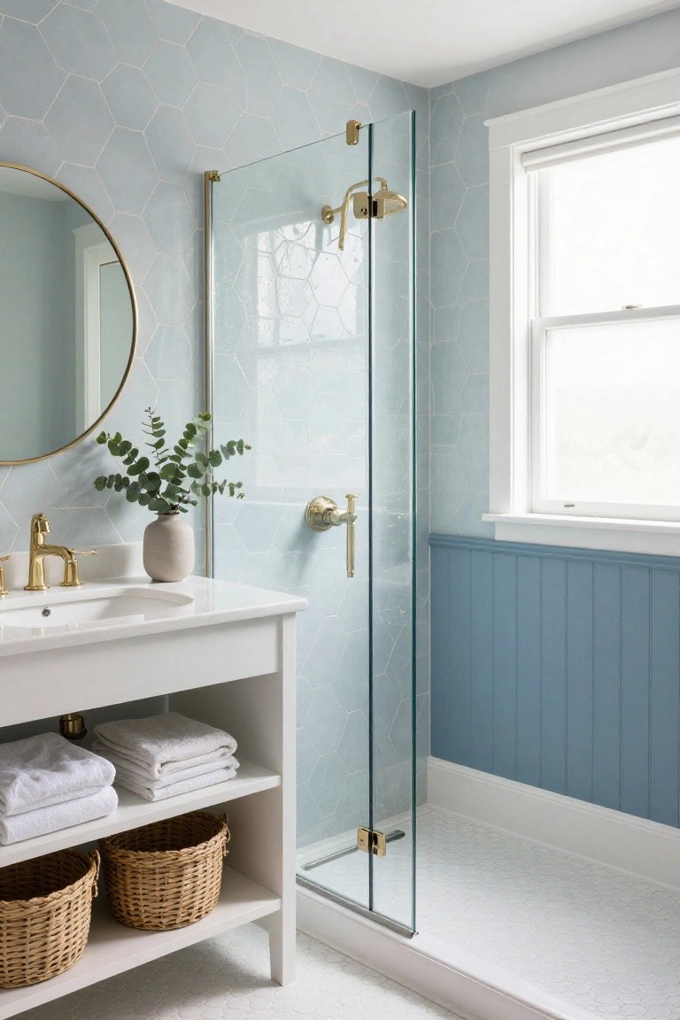 A bathroom with light blue hexagonal tiles on the upper walls, blue beadboard wainscoting in the shower, a white vanity with gold fixtures, and a round mirror.