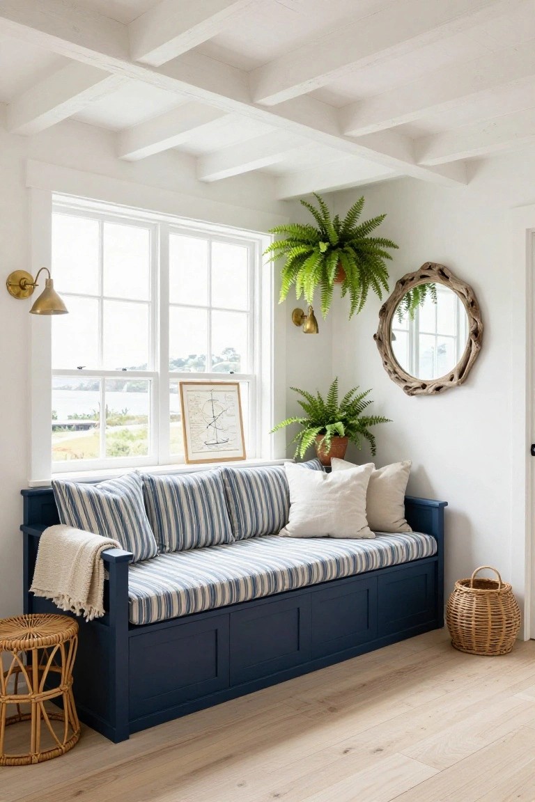 A navy blue built-in bench with striped cushions is placed under a window in a white room with wood ceiling beams.