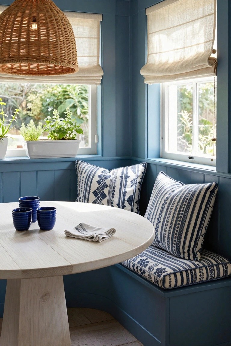 A blue painted corner dining nook with built-in bench seating covered in blue and white patterned cushions, a round light wood table holding blue cups and a napkin, and windows with beige shades.