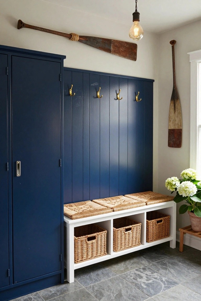 A blue built-in bench and cabinet unit with woven basket seating and storage baskets below, gold hooks above, and two oars mounted on the wall.