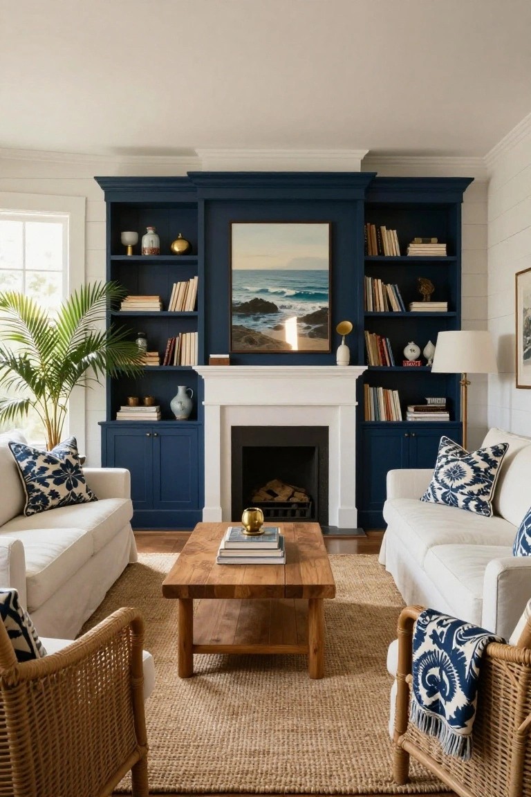 A living room featuring deep blue built-in bookshelves and cabinetry surrounding a white fireplace mantel, with white sofas, a wooden coffee table, and a jute rug.