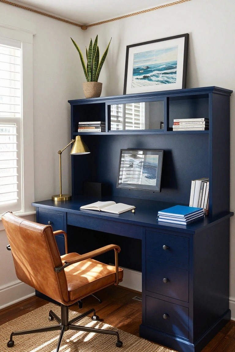 A navy blue built-in desk and hutch with open shelves, a leather office chair, and coastal artwork on the wall.