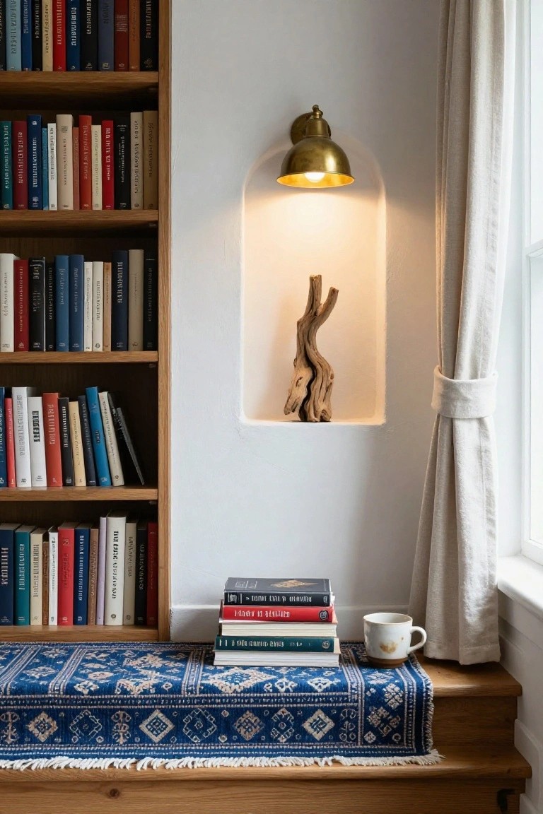 A built-in wooden bookshelf beside a white wall features an arched recessed niche with a lit brass sconce and a piece of driftwood, while a blue and white patterned rug covers the wooden step below with stacked books and a mug.