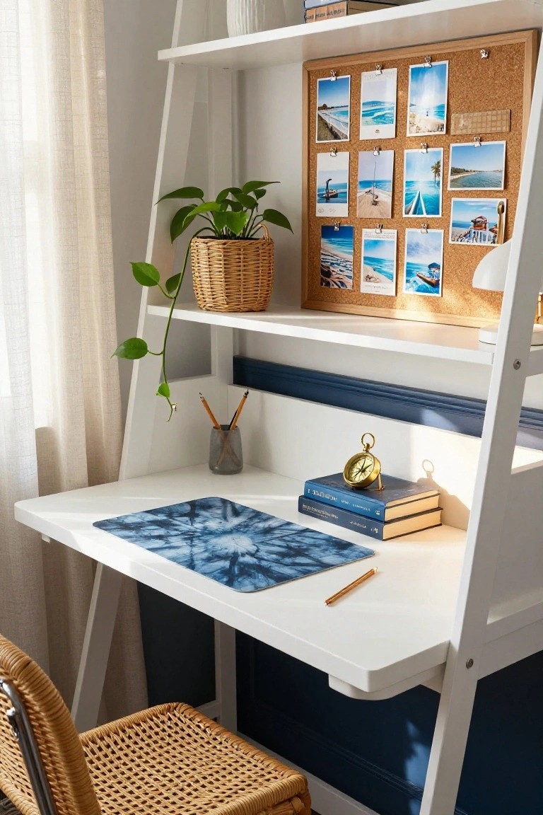 A white desk setup with a blue patterned mat, books, and a corkboard on the wall above displaying multiple beach photographs.