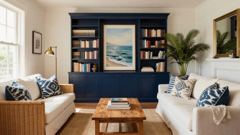 19 Fresh Blue and White Coastal Interior Ideas That Never Go Out of Style A living room featuring deep blue built-in bookshelves and cabinetry surrounding a white fireplace mantel, with white sofas, a wooden coffee table, and a jute rug.