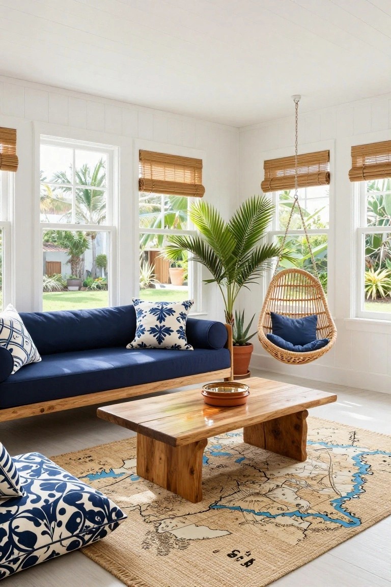 A bright living room with white walls, a blue sofa, a wooden coffee table on a map rug, and a hanging wicker chair with a blue cushion near large windows.