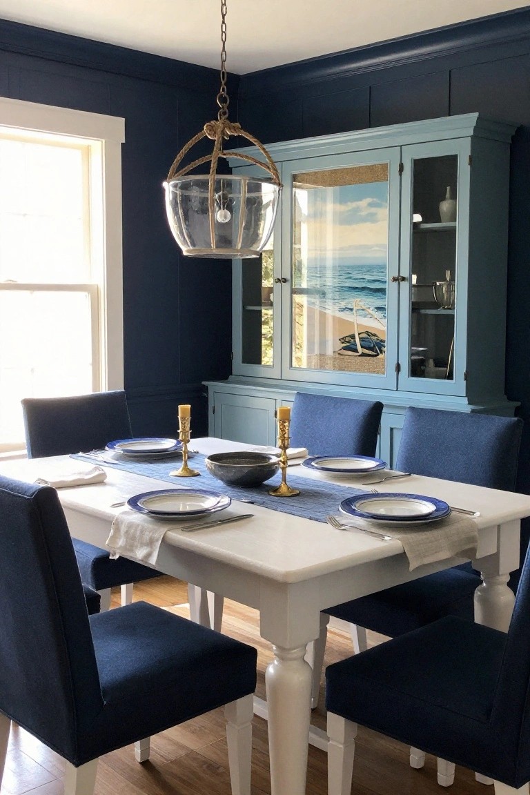 White dining table with blue chairs and light blue hutch in navy room