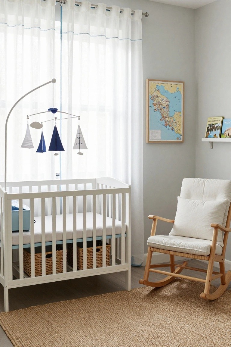 A bright nursery with a white crib, white rocking chair, blue and white mobile, coastal map on the wall, and woven baskets underneath the crib.