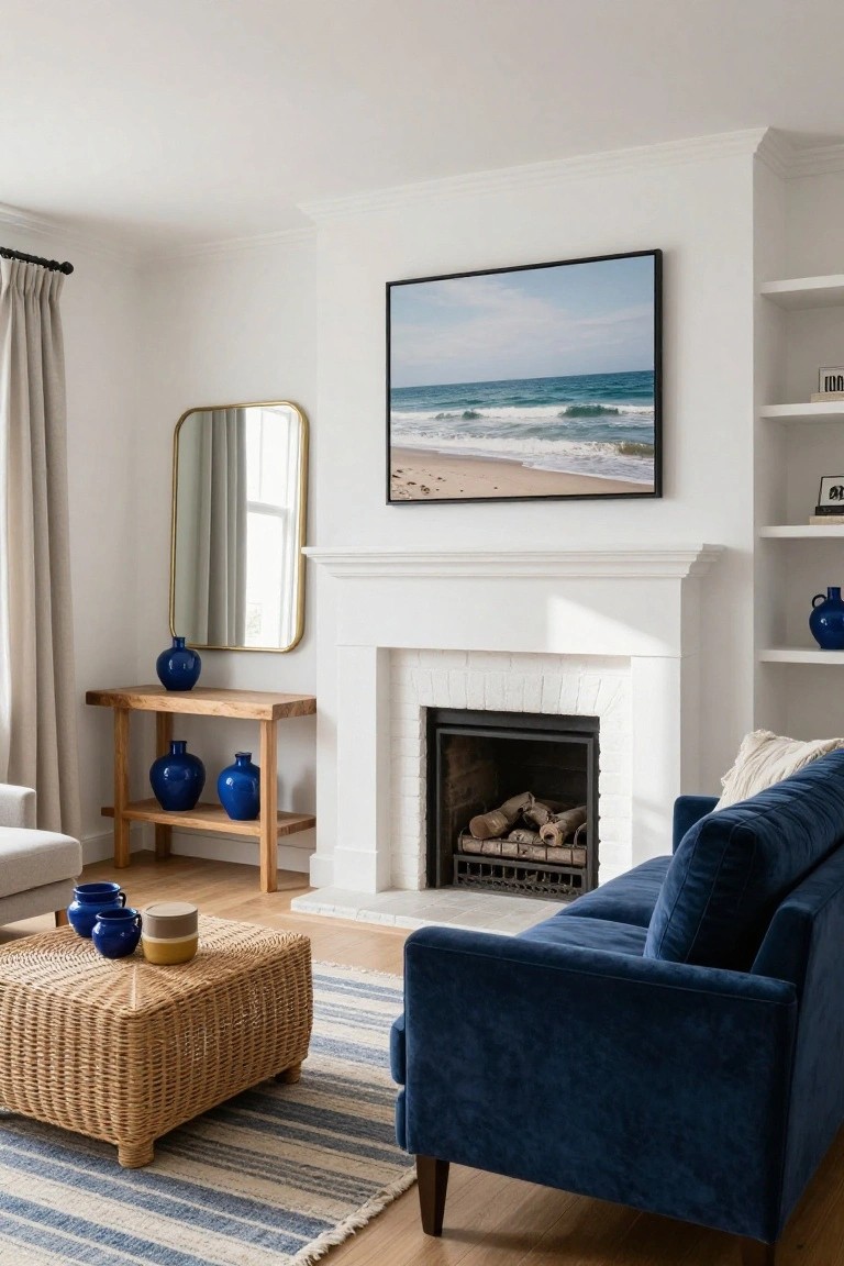 A living room featuring a white fireplace mantel with a navy blue sofa in front, blue ceramic vases on a wooden console, and an ocean photograph above the mantel.