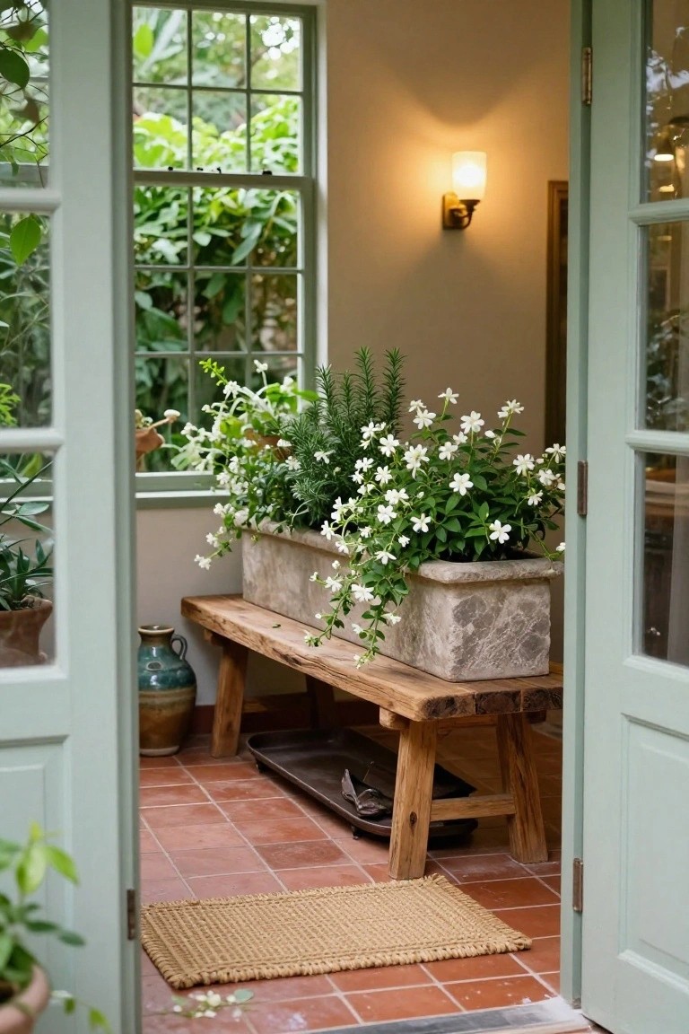 Open green doors frame a wooden bench with white flowers in a stone planter on terracotta tiles.