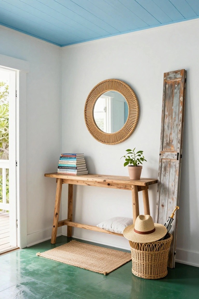 A wooden console table with stacked books and a potted plant sits under a round woven mirror in a bright room with a woven basket and hat on the floor.