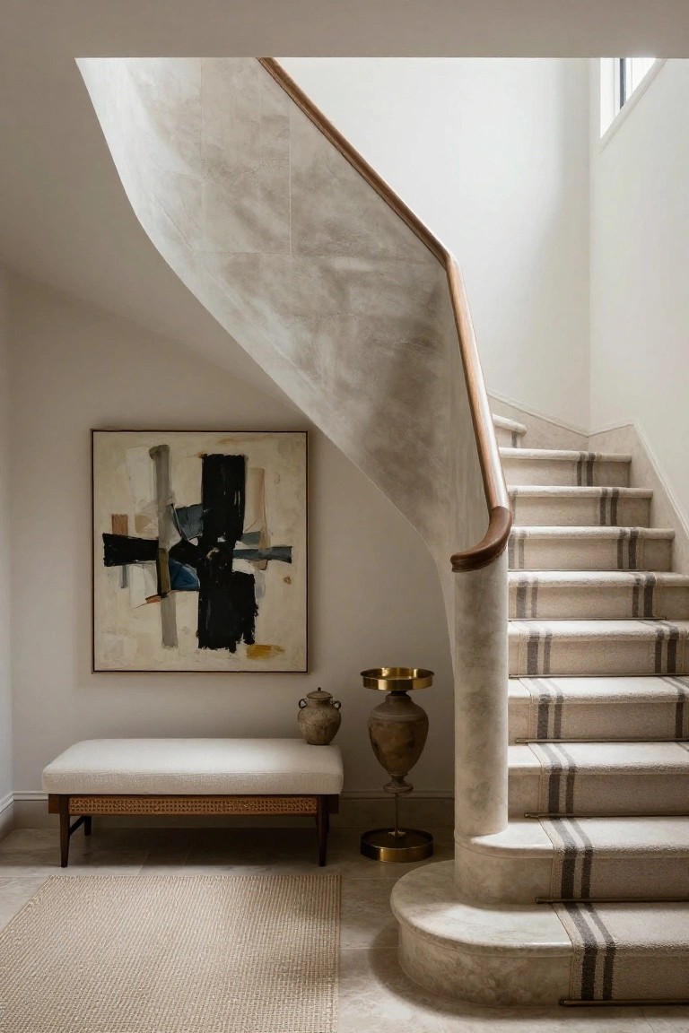 A curved staircase with a stone railing next to a large abstract painting, a white bench, and two decorative vessels on a light tiled floor.