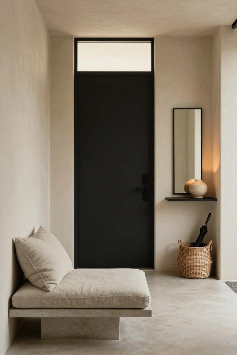 A minimalist interior entryway with a black door, a built-in concrete bench with beige cushions, a tall mirror on the wall, and a woven basket holding an umbrella.