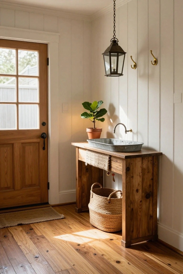 An interior entryway showing a rustic wooden console table with a metal sink, wall hooks above it, a hanging lantern, a potted plant on the table, and a woven basket stored underneath, next to a wooden door.