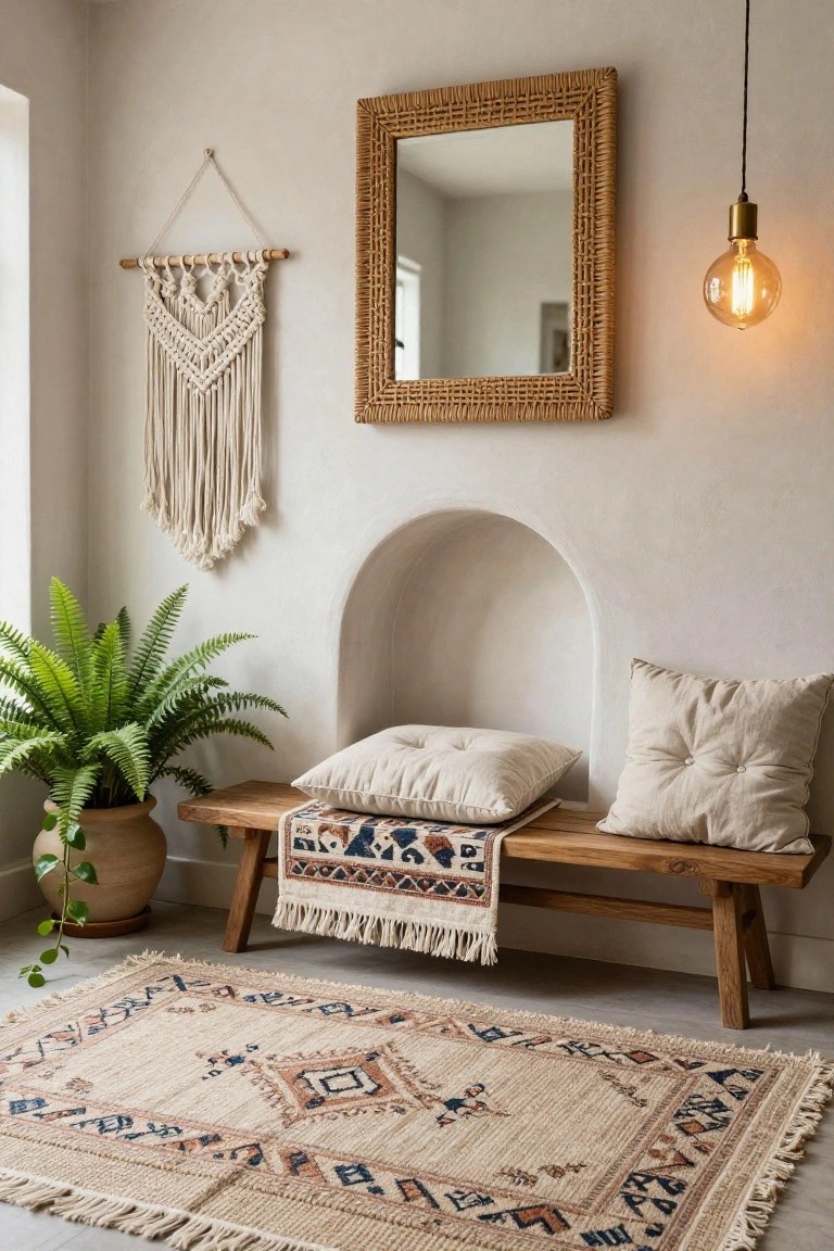 A wooden bench with two beige cushions sits inside an arched wall niche in a light entryway, with a woven mirror above it, a macrame hanging to the left, a potted fern, and a patterned rug on the floor.