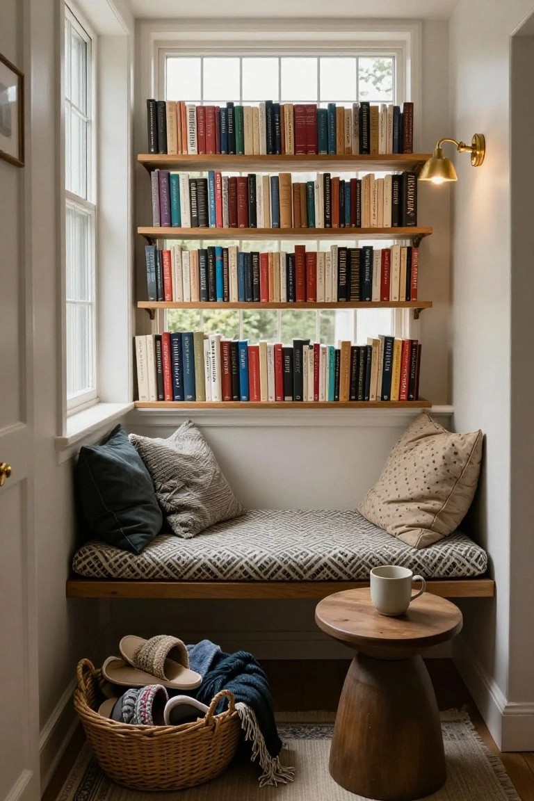 An interior window nook with a cushioned bench below three tiers of wooden bookshelves filled with books, a small round wooden table holding a mug, and a woven basket of shoes on the floor.