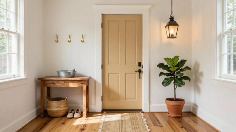 21 Inviting Southern Entryway Ideas That Set a Graceful First Impression An interior entryway showing a rustic wooden console table with a metal sink, wall hooks above it, a hanging lantern, a potted plant on the table, and a woven basket stored underneath, next to a wooden door.