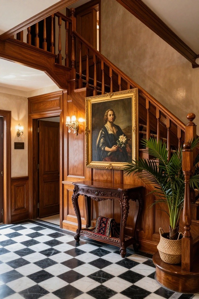 A large gold-framed portrait hangs on a wood-paneled wall beneath a dark wooden staircase in a black and white checkered tile foyer.
