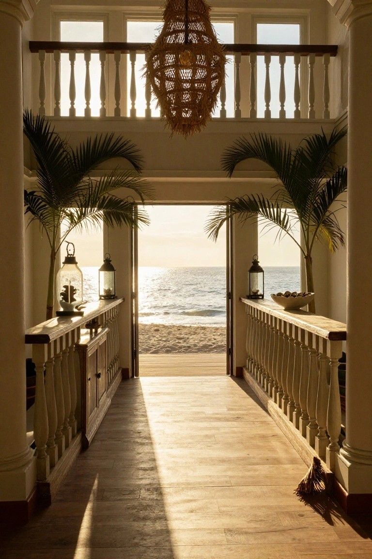 Interior entry hallway with wooden floors, white railings, potted palm plants, and lanterns on consoles leading to open doors with an ocean view.