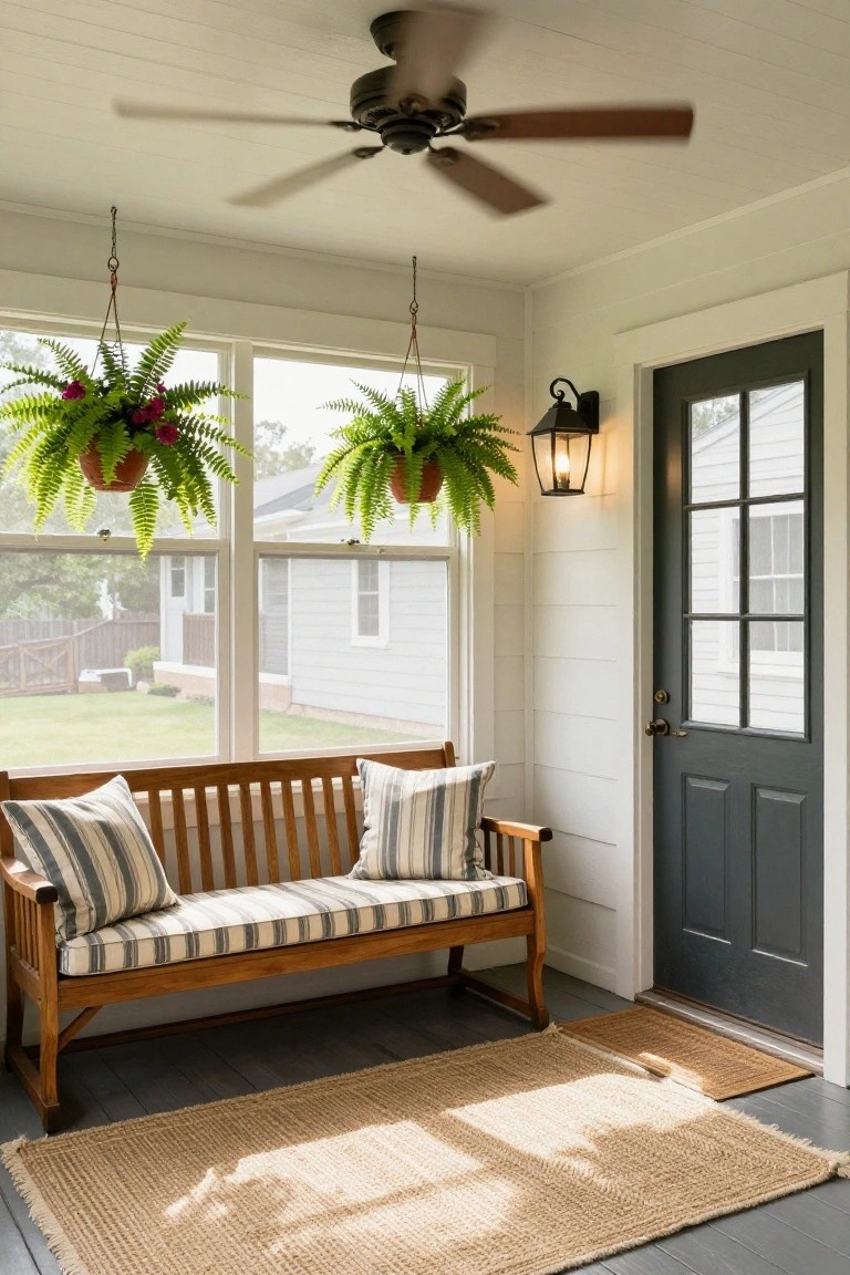 A wooden bench with striped cushions and pillows sits on a covered porch beside a dark door, with hanging ferns overhead and a ceiling fan above.