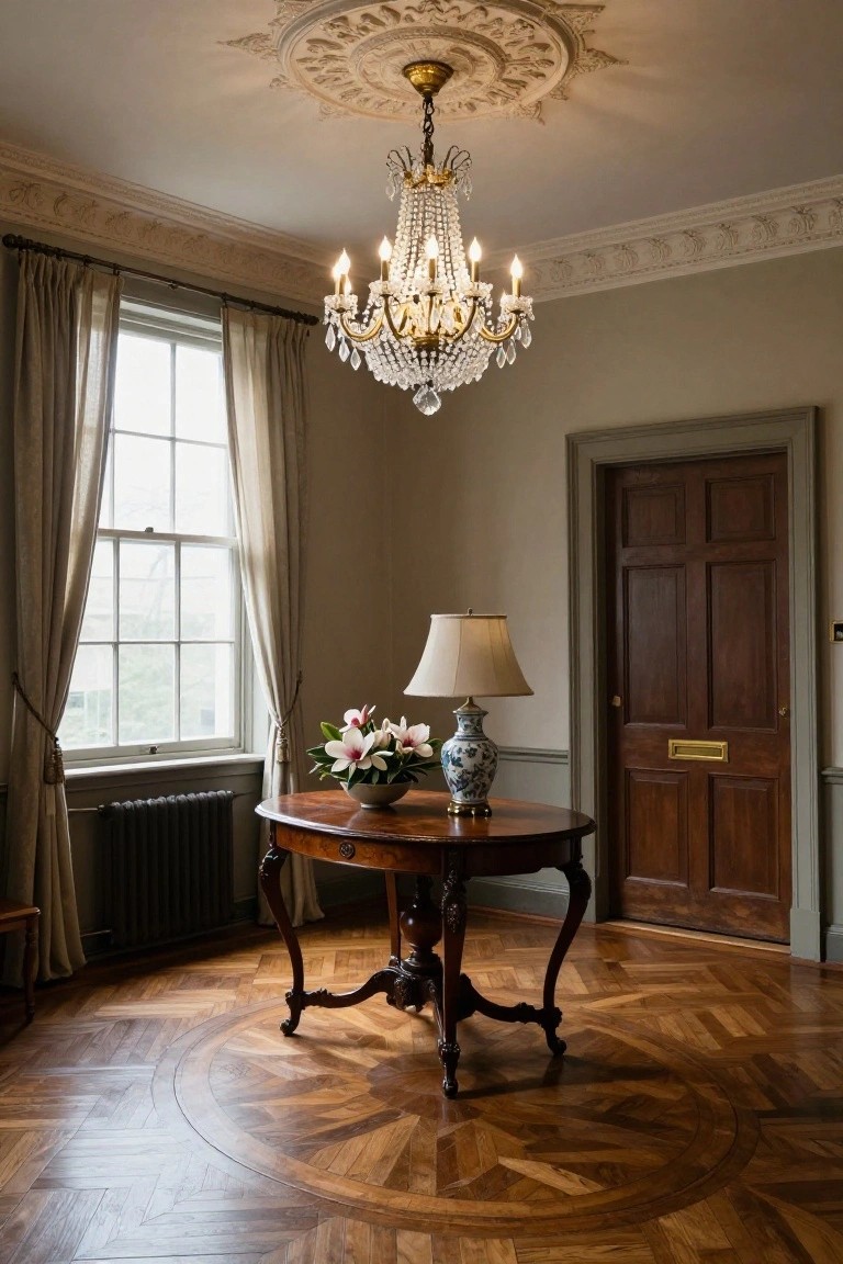 Elegant room with crystal chandelier over round wooden table on parquet floor