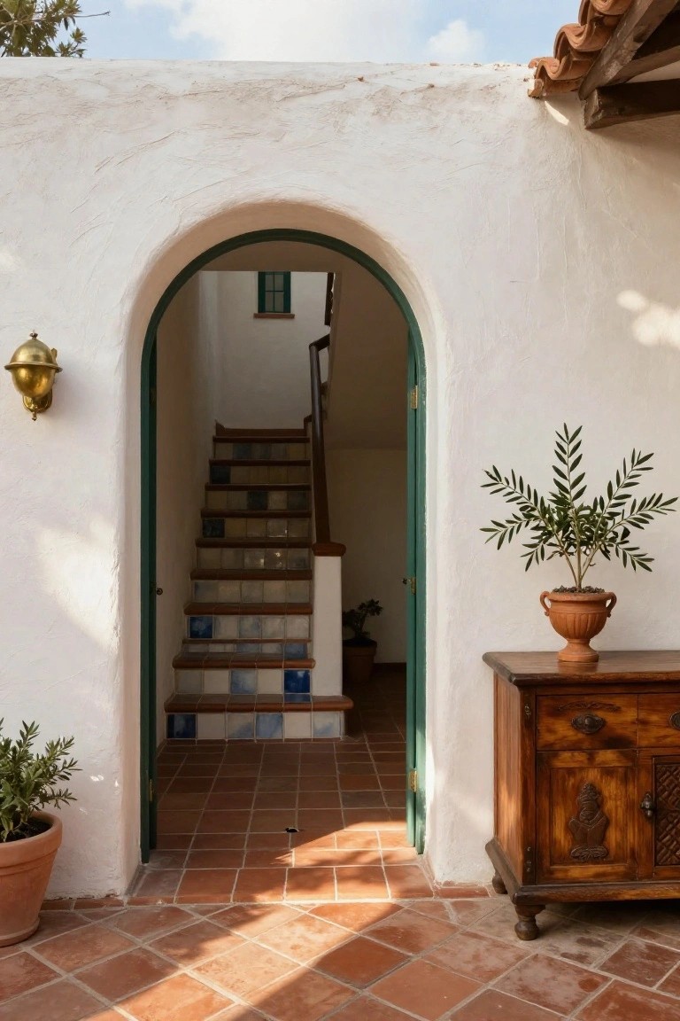 A white stucco wall with a green arched doorway opening to a terracotta-tiled entry and staircase.