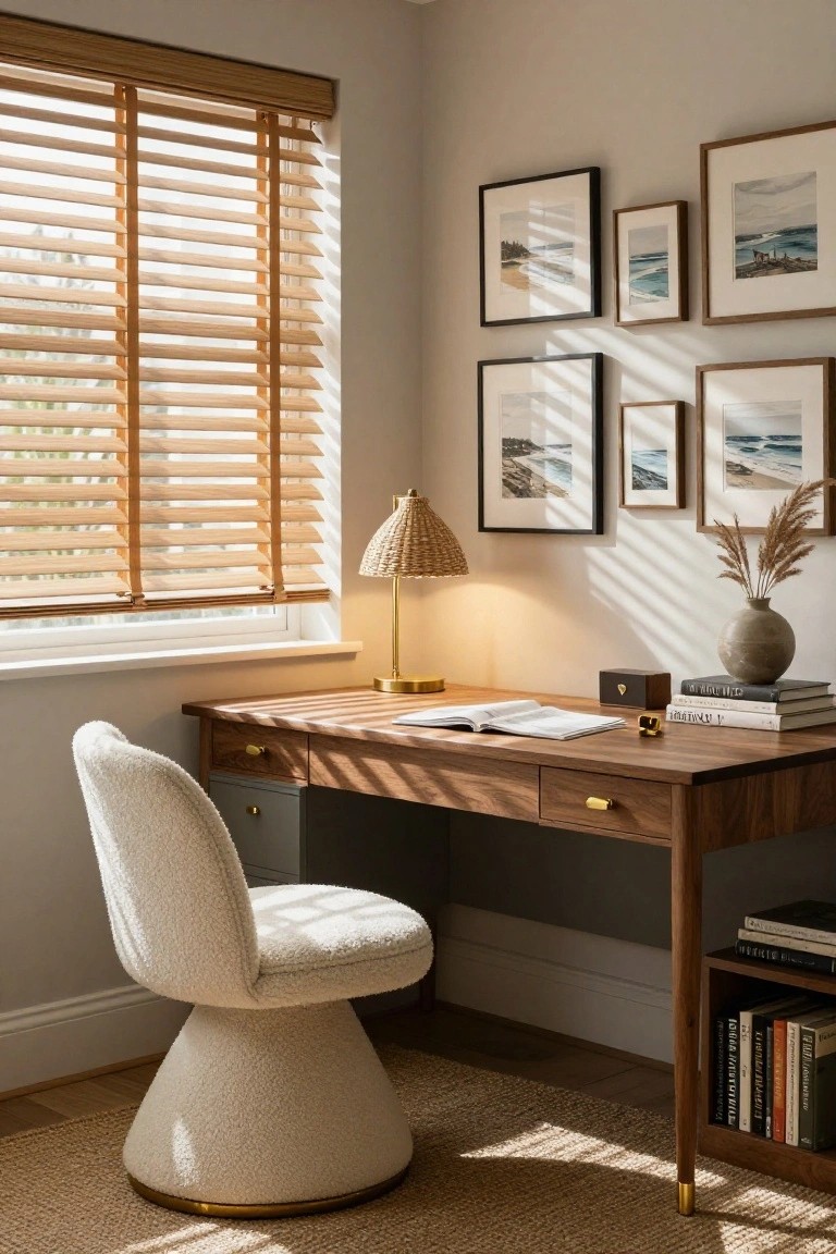 A wooden desk with an open book sits under a window with wooden blinds, paired with a white boucle swivel chair, a woven table lamp, and framed coastal prints on a light wall.
