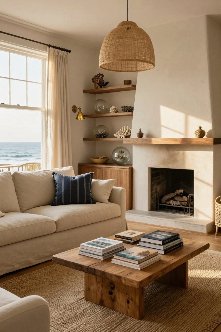 Coastal living room with white sofa, wooden coffee table, fireplace, and ocean-view window