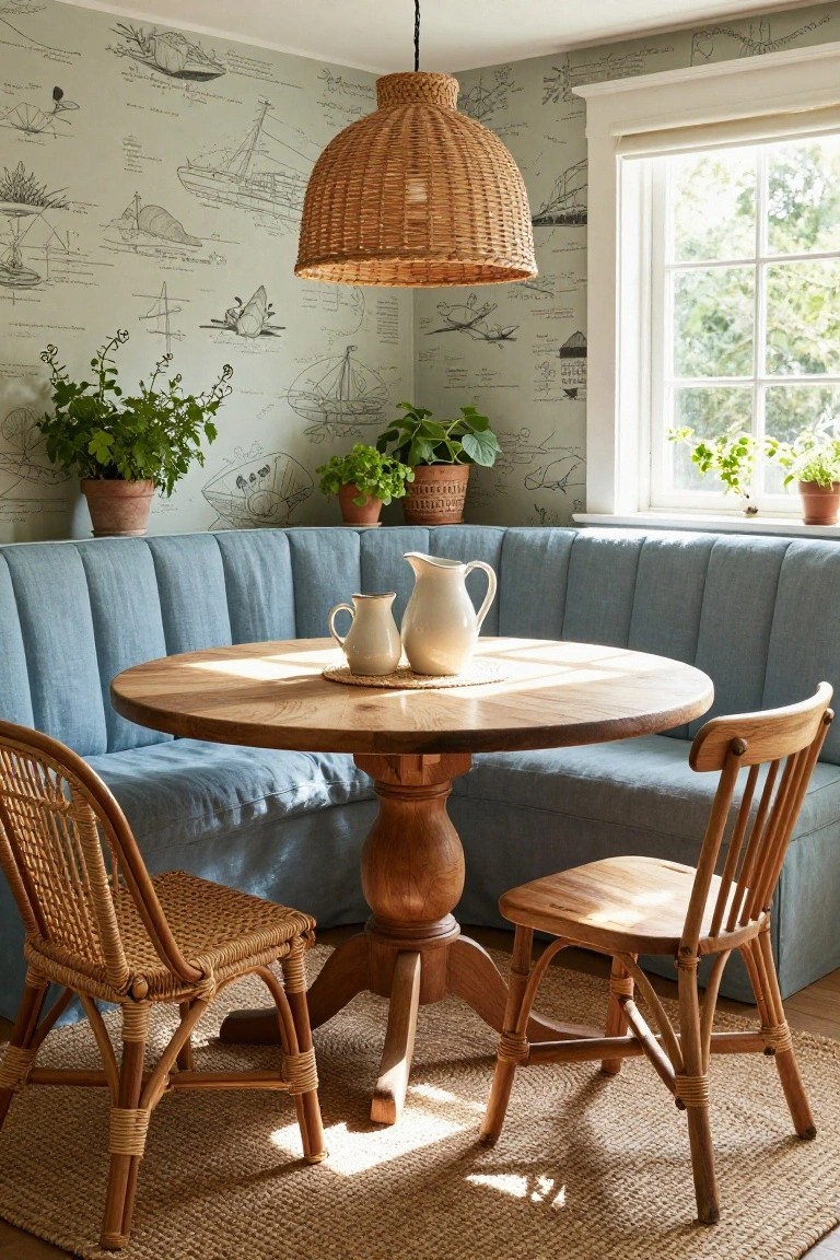A round wooden pedestal table sits in front of a blue upholstered banquette with two wooden chairs and one wicker chair, set against light green wallpaper covered in boat sketches.