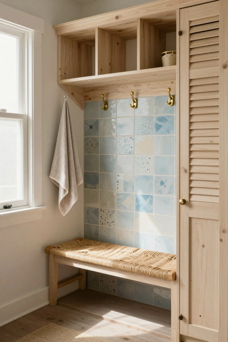 Light wood built-in bench with woven seat, blue patterned tile wall, and brass hooks under open shelving in an entry area.