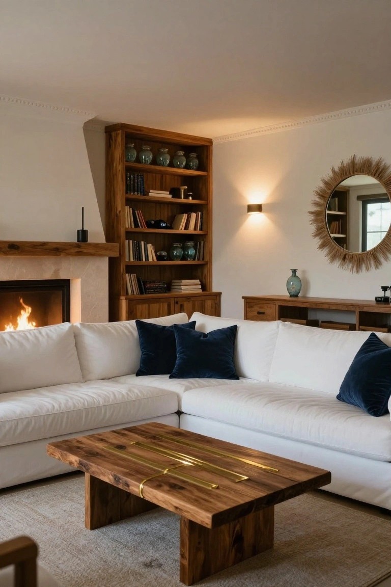 A living room with a white sectional sofa, wooden built-in bookshelves beside a lit fireplace, and a wooden coffee table with brass inlays.