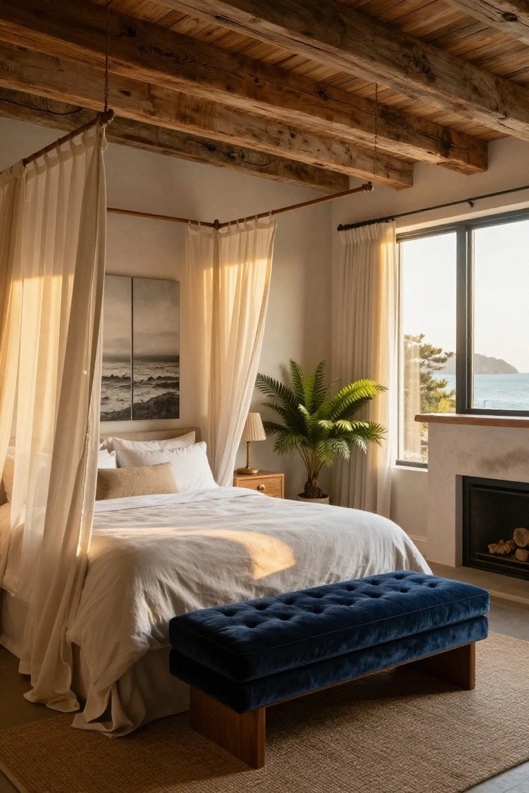 A coastal bedroom with a canopy bed draped in white curtains, a blue velvet bench at the foot, wooden ceiling beams, and large windows showing the ocean.