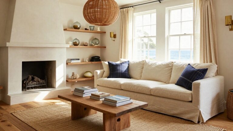 Coastal living room with white sofa, wooden coffee table, fireplace, and ocean-view window