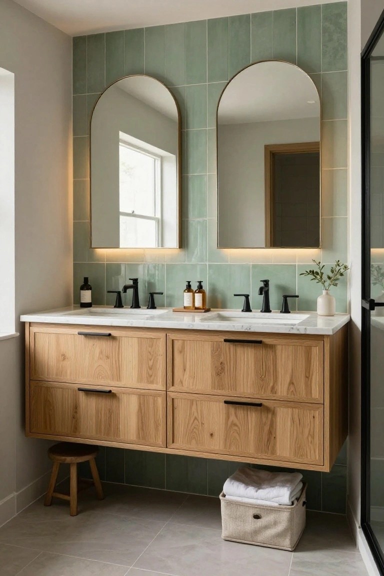 A bathroom with a floating light wood double vanity, white marble countertop, black faucets, green tile backsplash, and two arched mirrors.