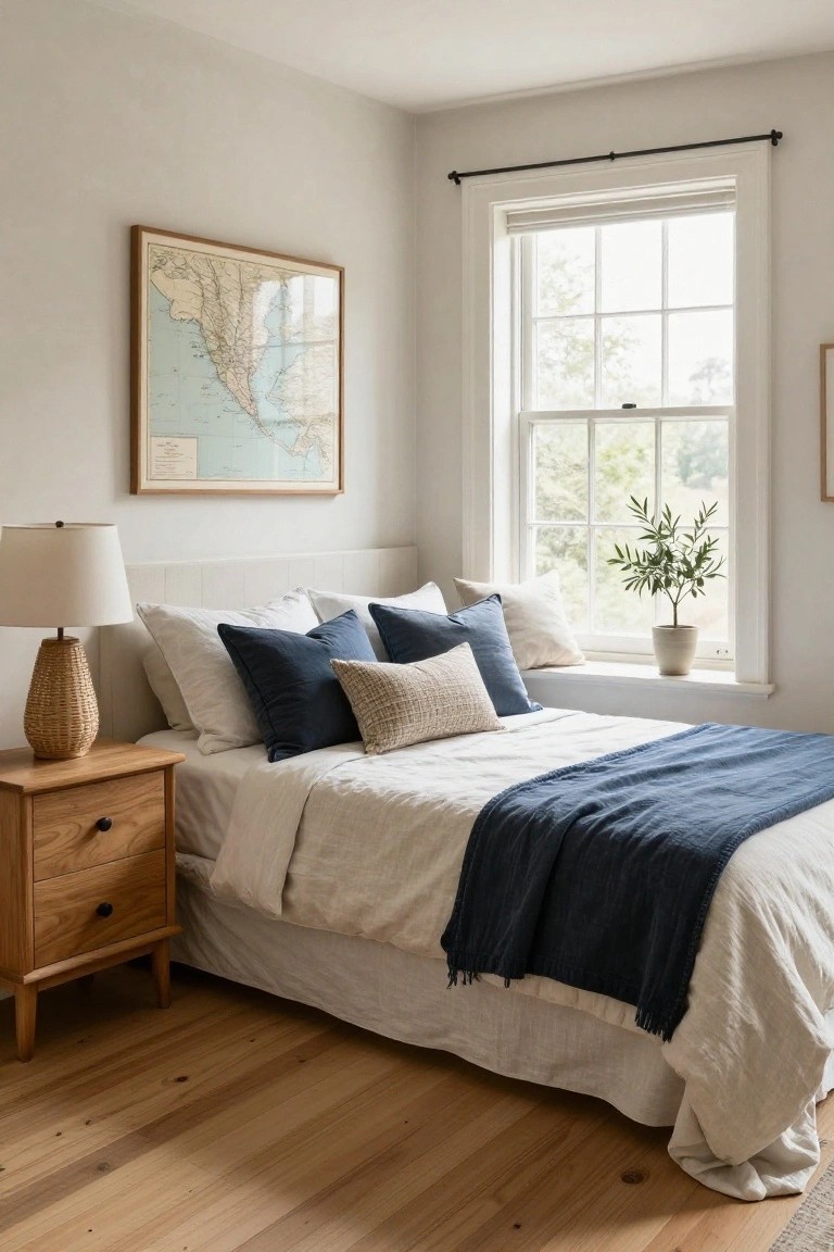A bedroom interior showing a bed with layered white and blue linens, a wooden nightstand, and a large window with a potted plant on the sill.